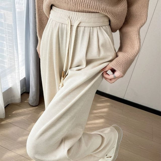 Drawstring Waist Plain Wide Leg Knit Pants SpreePicky