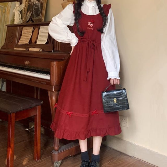 Long Sleeve Stand Collar Plain Frill Blouse / Cherry Embroidered Bow Ruffle Midi A-Line Overall Dress SpreePicky