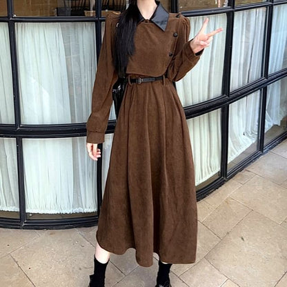 Long Sleeve Contrast Collar Mock Two Piece Corduroy Midi A-Line Dress SpreePicky