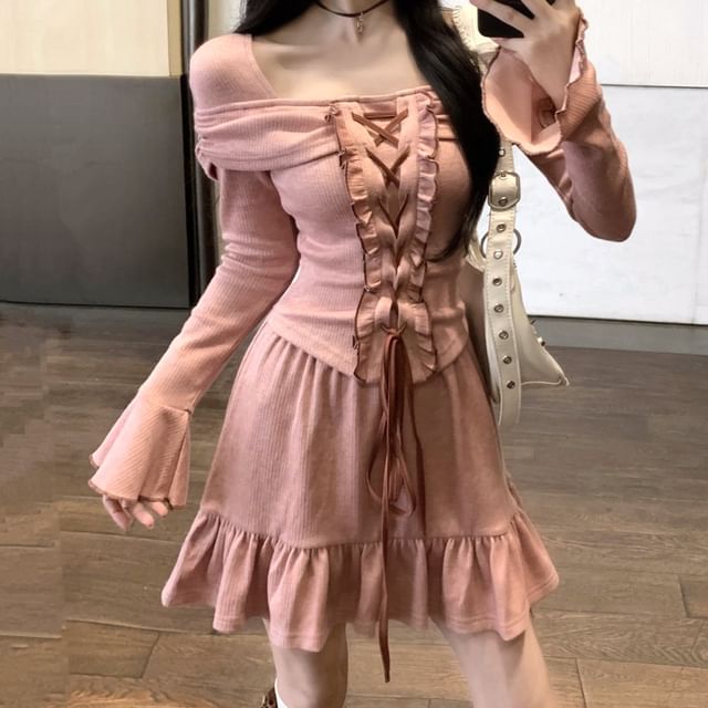 Long Sleeve Square Neck Lace Up Ruffle Mock Two Piece A-Line Dress (Various Designs) SpreePicky