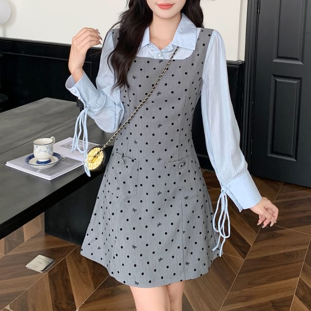 Long Sleeve Collared Dotted Mock Two Piece A-Line Dress SpreePicky