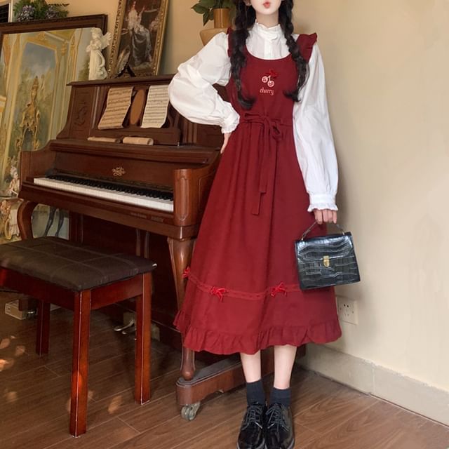 Long Sleeve Stand Collar Plain Frill Blouse / Cherry Embroidered Bow Ruffle Midi A-Line Overall Dress SpreePicky