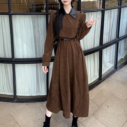 Long Sleeve Contrast Collar Mock Two Piece Corduroy Midi A-Line Dress SpreePicky