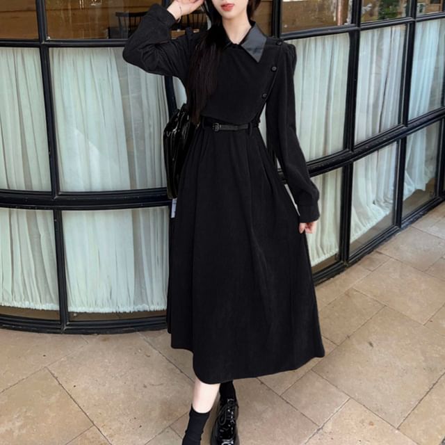 Long Sleeve Contrast Collar Mock Two Piece Corduroy Midi A-Line Dress SpreePicky