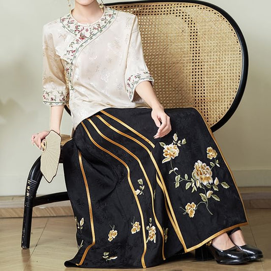 Traditional Chinese 3/4-Sleeve Crew Neck Floral Embroidered Jacquard Frog Buttoned Blouse / High Rise Contrast Trim Maxi A-Line Skirt / Set SpreePicky