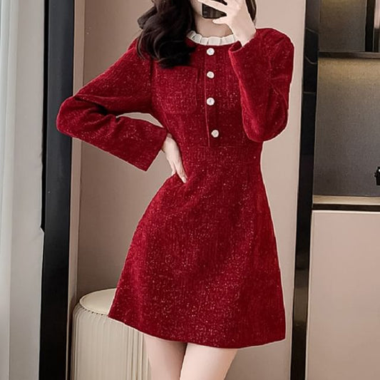 Long-Sleeve Stand Collar Glitter Button Accent Contrast Frill Trim Mini A-Line Dress SpreePicky