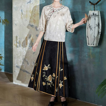 Traditional Chinese 3/4-Sleeve Crew Neck Floral Embroidered Jacquard Frog Buttoned Blouse / High Rise Contrast Trim Maxi A-Line Skirt / Set SpreePicky