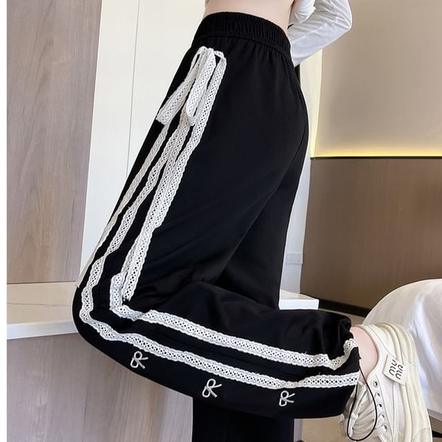 High Waist Lace Panel Bow Embroidered Loose-Fit Wide-Leg Sweatpants SpreePicky