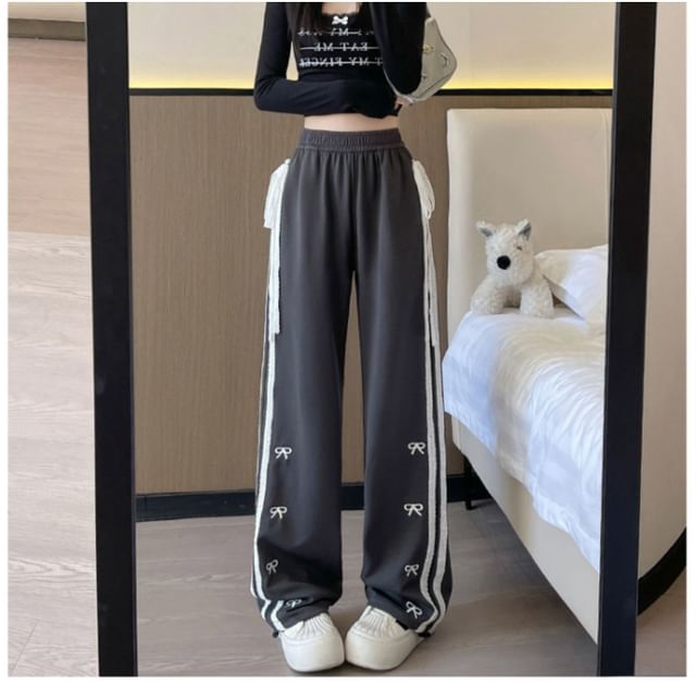 High Waist Lace Panel Bow Embroidered Loose-Fit Wide-Leg Sweatpants SpreePicky