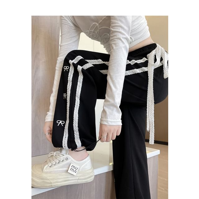 High Waist Lace Panel Bow Embroidered Loose-Fit Wide-Leg Sweatpants SpreePicky