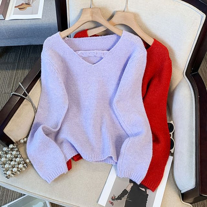 V-Neck Plain Sweater SpreePicky