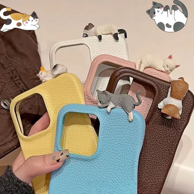 Plain Leather Cat Phone Case - iPhone 16 Pro Max / 16 Pro / 16 / 15 Pro Max / 15 Pro / 15 / 14 Pro Max / 14 Pro / 14 / 13 Pro Max / 13 Pro / 13 SpreePicky