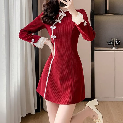 Long-Sleeve Stand Collar Contrast Trim Frog Buttoned Corduroy Mini A-Line Dress SpreePicky