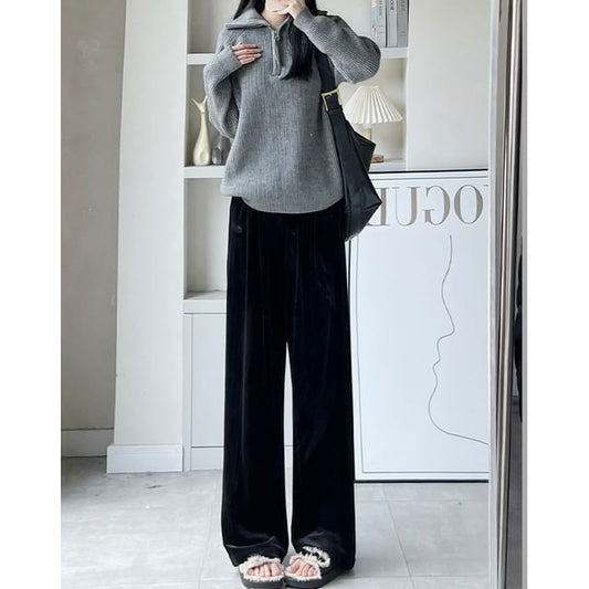 Velvet High Waist Elastic Waist Drape Wide Leg Pants SpreePicky