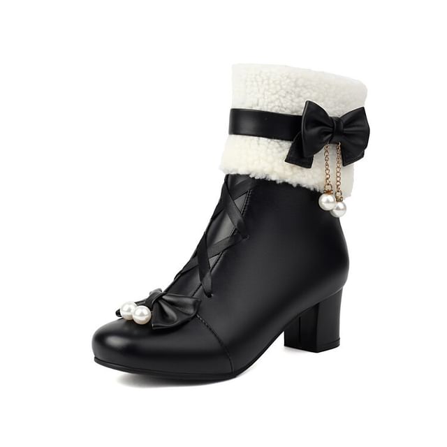 Bow Fleece Panel Chunky Heel Short Boots SpreePicky