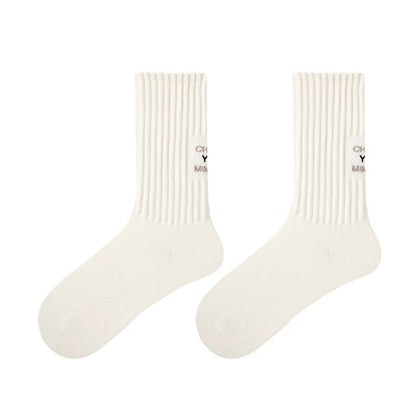 Lettering Embroidered Ribbed Short Socks SpreePicky