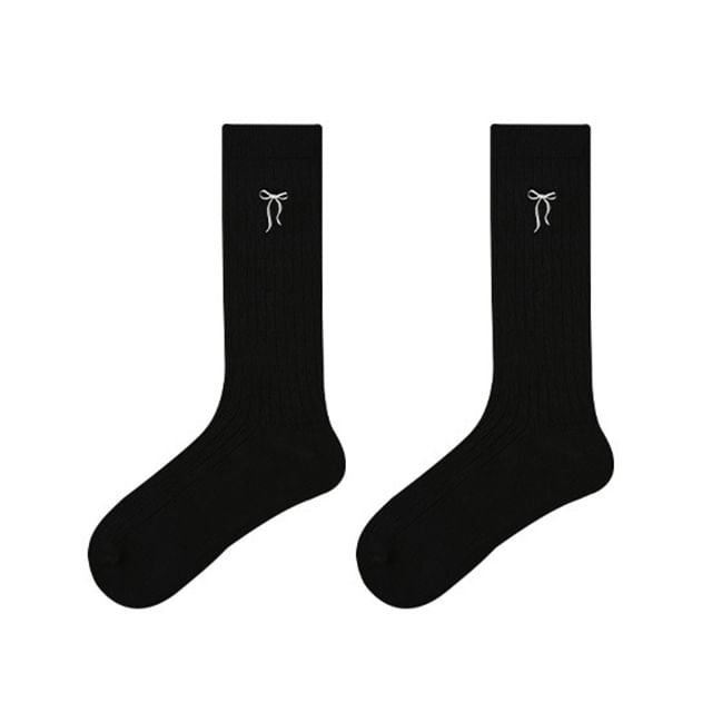 Bow Embroidered Ribbed Short Socks SpreePicky