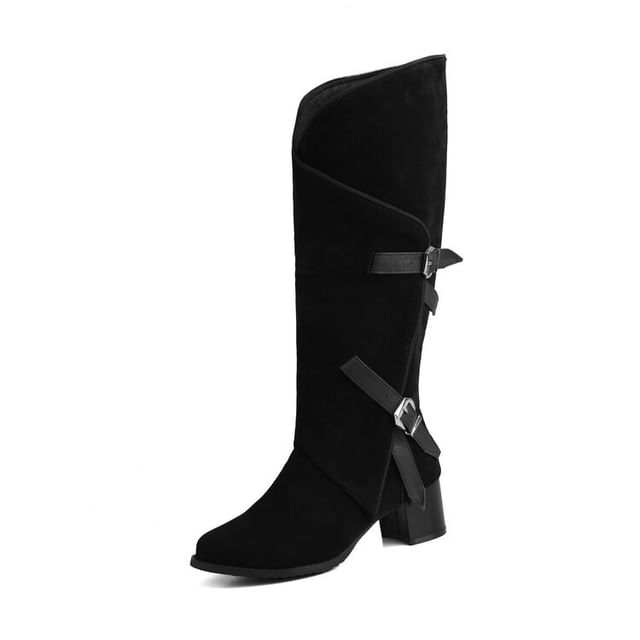 Buckled Asymmetrical Chunky Heel Tall Boots SpreePicky