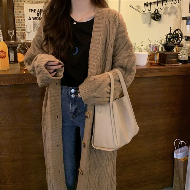 Cable-Knit V-Neck Long Cardigan SpreePicky