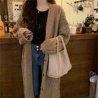 Cable-Knit V-Neck Long Cardigan SpreePicky