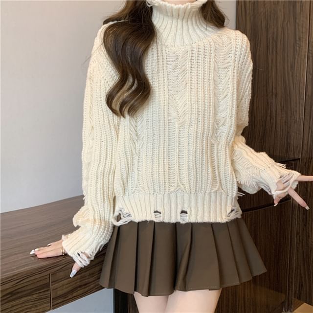 Distressed Turtleneck Cropped Sweater in 5 Colors SpreePicky