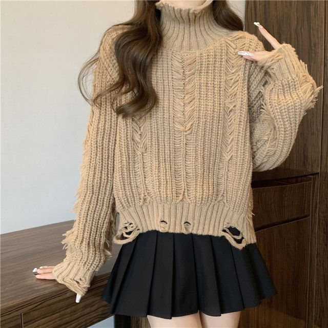 Distressed Turtleneck Cropped Sweater in 5 Colors SpreePicky