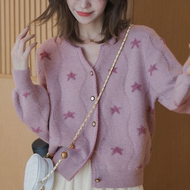 Star-Jacquard V-Neck Cardigan SpreePicky