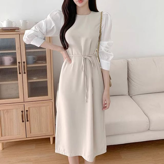 Puff-Sleeve Crew Neck Plain Tie Waist Midi Sheath Dress SpreePicky