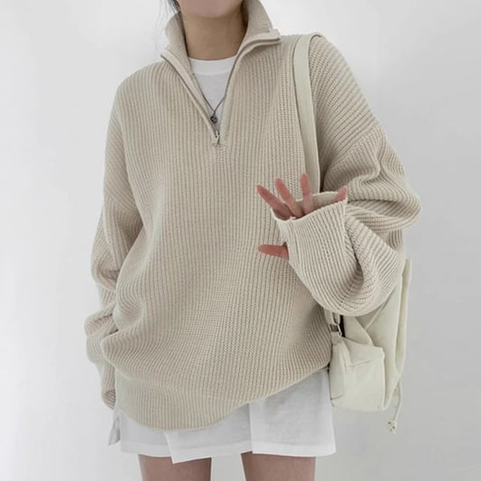 Half-Zip Plain Ribbed Oversized Sweater SpreePicky