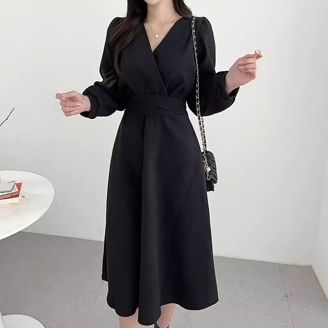 Puff-Sleeve V-Neck Plain Midi A-Line Dress SpreePicky