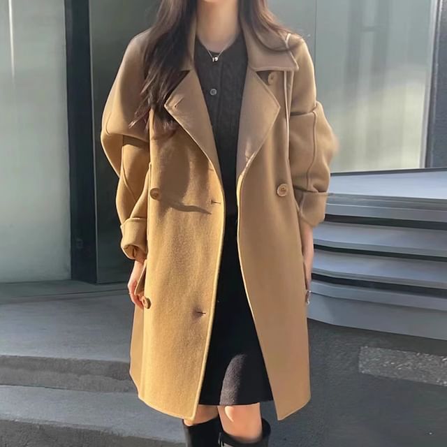 Plain Long Double-Breasted Coat SpreePicky