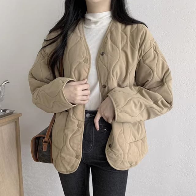 Plain Quilted Single-Breasted Jacket SpreePicky