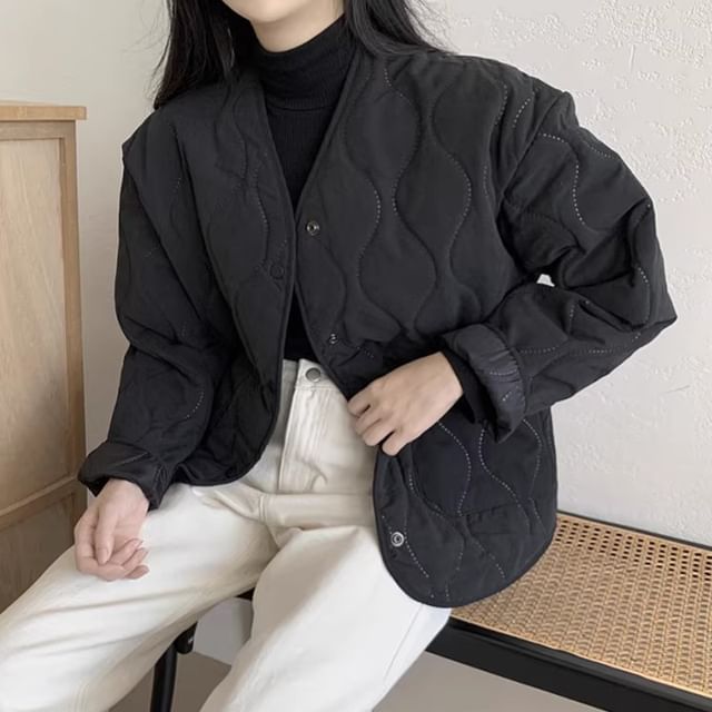 Plain Quilted Single-Breasted Jacket SpreePicky