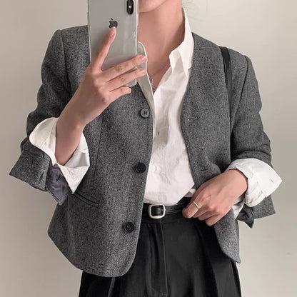 V-Neck Plain Single-Breasted Blazer SpreePicky