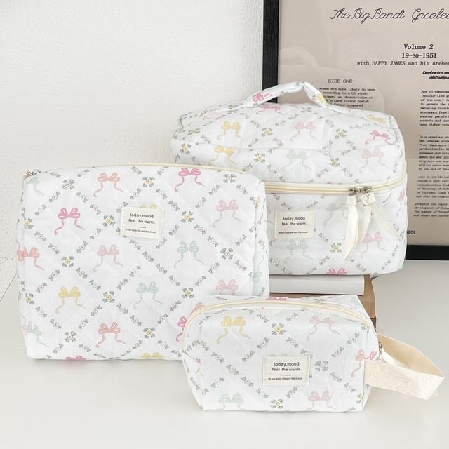 Lettering Applique Bow Fabric Makeup Bag / Clutch (Various Designs) SpreePicky