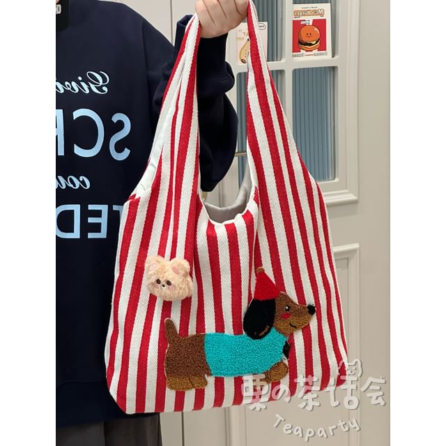 Fleece Dog Striped Canvas Tote Bag SpreePicky