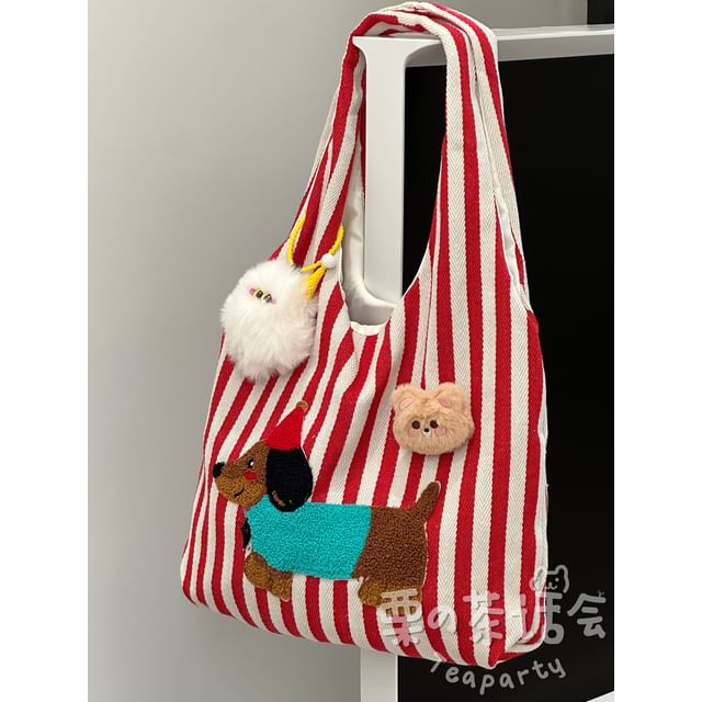 Fleece Dog Striped Canvas Tote Bag SpreePicky