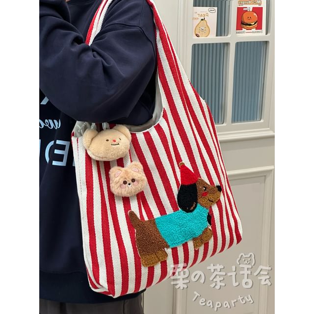 Fleece Dog Striped Canvas Tote Bag SpreePicky