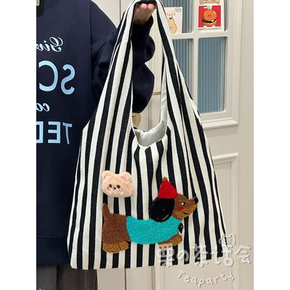 Fleece Dog Striped Canvas Tote Bag SpreePicky