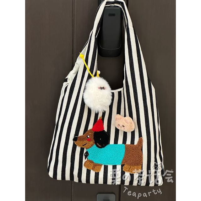 Fleece Dog Striped Canvas Tote Bag SpreePicky