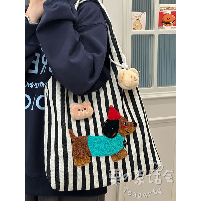 Fleece Dog Striped Canvas Tote Bag SpreePicky