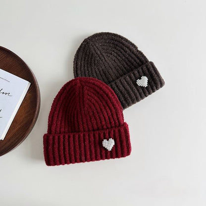 Heart Faux Pearl Knit Beanie SpreePicky