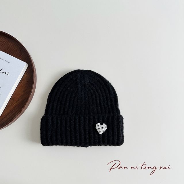 Heart Faux Pearl Knit Beanie SpreePicky