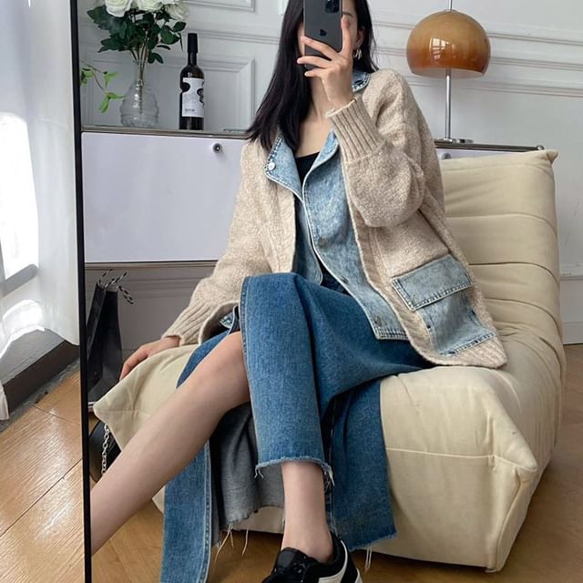 Mock Two-Piece Denim Panel Knit Cardigan SpreePicky