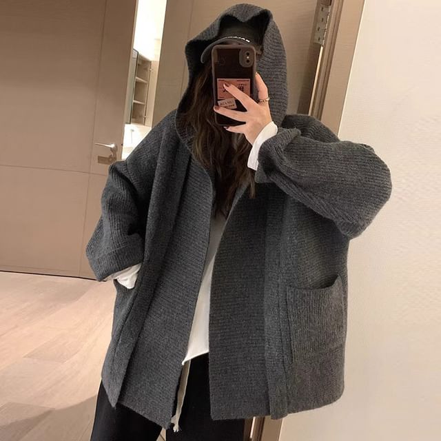 Solid Hooded Loose Knitted Cardigan SpreePicky