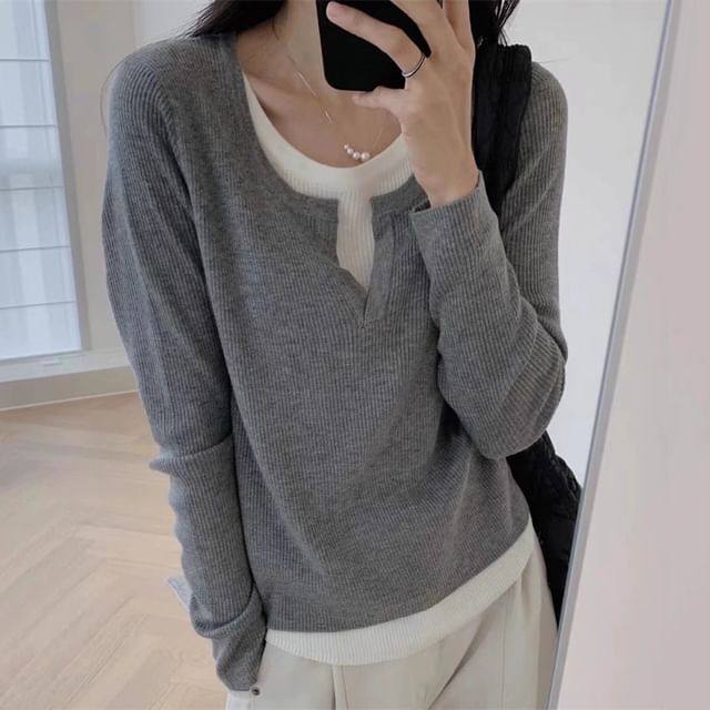 Long-Sleeve V-Neck Mock Two Piece Knit Top SpreePicky