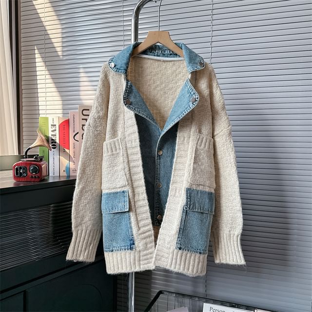 Mock Two-Piece Denim Panel Knit Cardigan SpreePicky