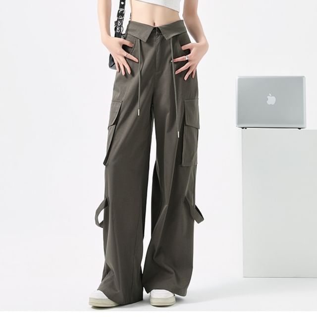 High Waist Folded Waistline Plain Straight-Fit Wide-Leg Cargo Pants SpreePicky