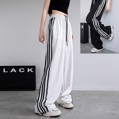 High Waist Lace-Trim Striped Loose-Fit Wide-Leg Sweatpants SpreePicky