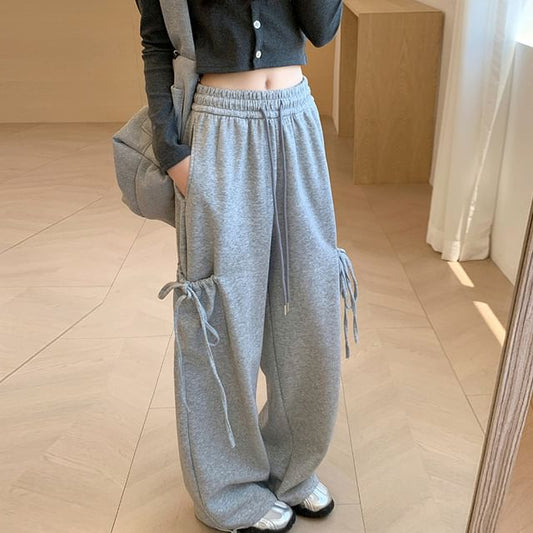 High Rise Plain Bow Accent Loose-Fit Wide-Leg Sweatpants SpreePicky